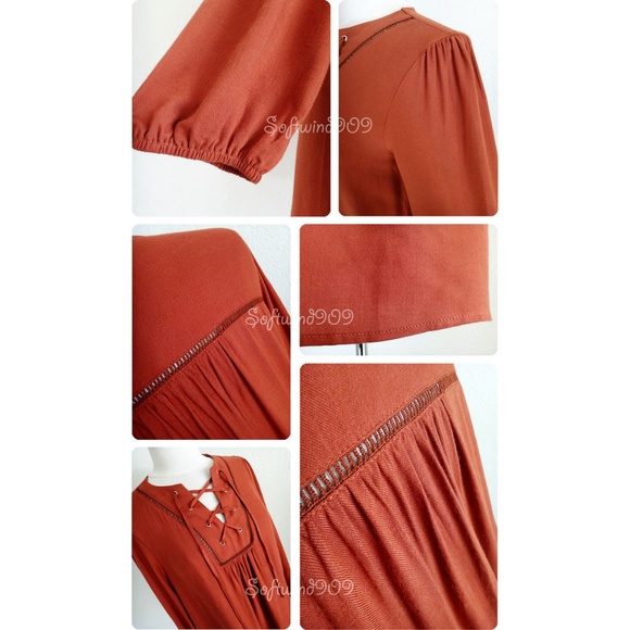 Rust Laced Up Long Sleeves BOHO Flowy Shift Dress - Picture 5 of 7